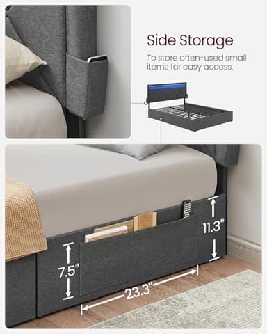 VASAGLE LED Bed Frame Full Size, Full Bed with Headboard and 4 Drawers, 1 USB Port and 1 Type C Port, Adjustable Upholstered Headboard 37.1/39.6 Inches, No Box Spring Needed, Dark Gray URMB822G71 - Image 7