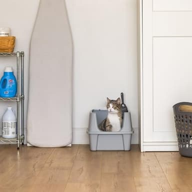 IRIS USA Large Cat Litter Box with Scatter Shield and Scoop, Open Top High Sided Cat Litter Pan, Silver - Image 3