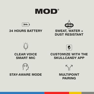 Skullcandy Mod Wireless Earbuds, Bluetooth Headphones, Up to 32 Hours Battery, Noise Isolating Fit, Sweat and Water Resistant, Microphone for iPhone Android - Light Grey/Blue - Image 4