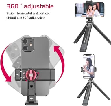 Metal Phone Tripod Mount 3 Cold Shoes & Arca Port, 360° Smartphone Tripod Adapter for iPhone 17 16 15 Samsung Cell Phone Stand Holder for Desktop Video Live Streaming Vlogging Rig - Image 4
