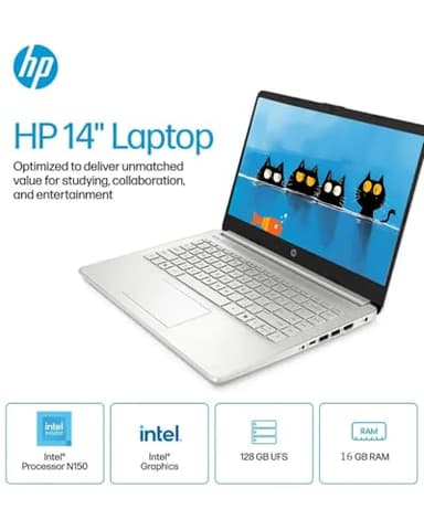 HP Business Student Laptop Computer - Windows 11 Pro & Microsoft Office Lifetime | 14 inch HD | AI-Powered, 12 Hr Batter N-Serious Laptop| 16GB RAM, 128GB UFS, 256GB Extend Micro SD | Silver - Image 3