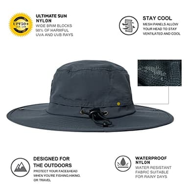 Comhats UPF 50 Sun Hats Wide Brim Summer Safari Hat Fishing Hiking Boonie Hats for Men Waterproof Dark Grey Large X-Large XL XXL Oversize - Image 6