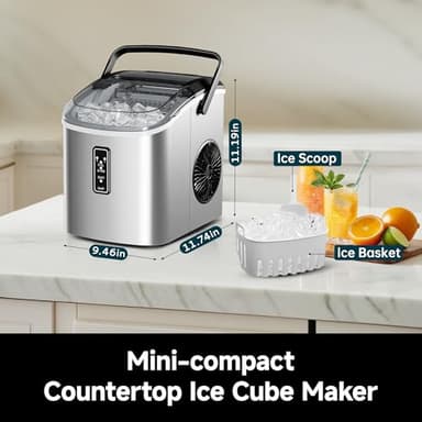 EUHOMY Ice Maker Countertop, 9 Cubes Ready in 6 Mins, 26lbs/24H, Self-Cleaning, Portable Ice Maker Machine with Carry Handle, Basket and Scoop, 2 Sizes of Bullet Ice for Home, Kitchen, Office - Image 7