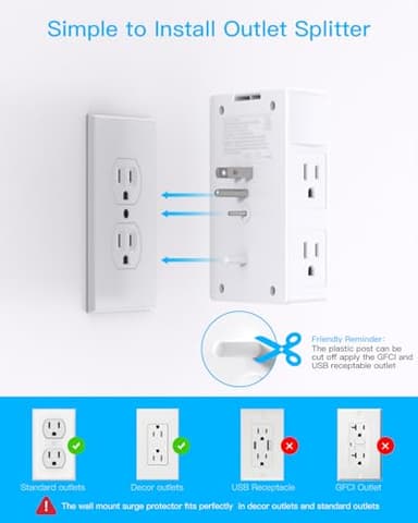 One Beat 1680J 3 Side Power Strip Multi Plug Expander, Surge Protector, 5 Outlets Extender, 4 USB Ports (USB C), Wall Mount Charger, Outlet Splitter Adapter for Home, Travel, Office, ETL Listed, White - Image 4