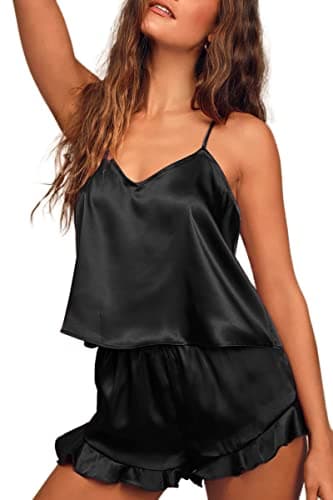 CHYRII Women's Sexy Ruffled Racerback Pajamas Sets Satin Silk Cami Shorts Sets Sleepwear Black S - Image 4