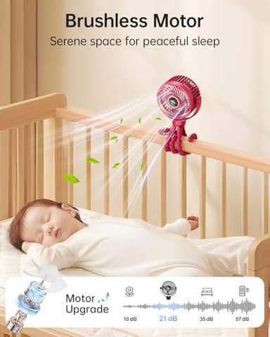 Bearwind Mini Portable Stroller Fan for Travel,360° Rotation,4-Speed LED Night Light Clip on Fans Operated by Rechargeable Battery, Cordless Fan with Tripod Car Seat Baby Pram (Rose red) - Image 2