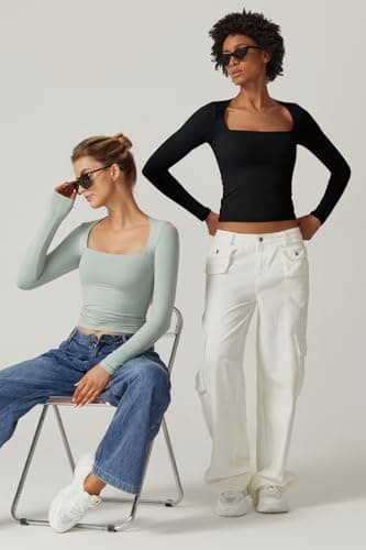 QINSEN Women's Square Neck T Shirt Slim Fit Long Sleeve Going Out Tops Stretchy Basic Tees Black S - Image 6