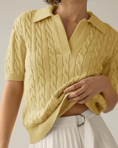 Imily Bela Women's Cable Short Sleeve Sweaters Tops Solid Lapel V Neck Knit Casual Soft Pullover Shirt Yellow - Image 2
