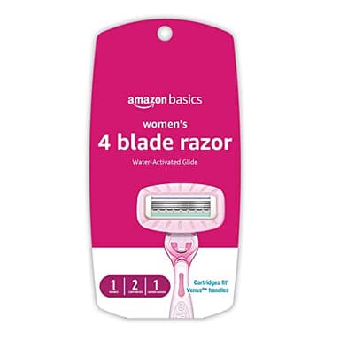 Amazon Basics Women's 4 Blade Razor for Women, Fits AmazonBasics & Venus Handles, Moisturizing Surround, 4 Count, Includes 1 Handle, 2 Cartridges & 1 Shower Hanger, Pink - Image 1