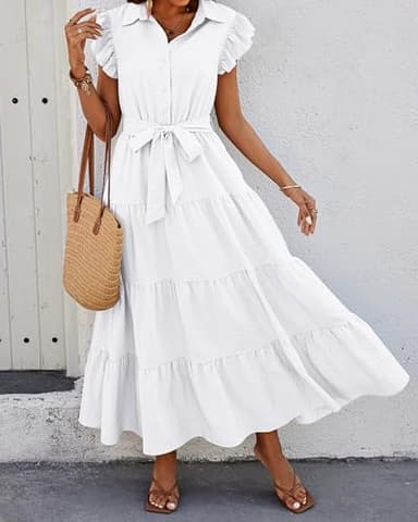 dowerme Women Summer Dress Trendy Ruffle Sleeve Button V Neck Belted Pleated Tiered Loose Boho Flowy Shirt Dresses 2025(White,XX-Large) - Image 3