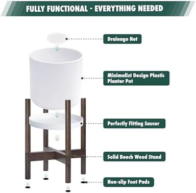 D'vine Dev Planter Pot with Stand - 8 Inch Plastic Cylinder Flower Pot with Wood Planter Holder for Indoor, Matte White Pot + Walnut Color Stand, 55-C-I-1 - Image 6