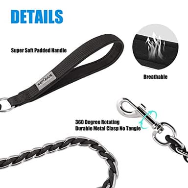 Chew Proof Metal Leash Chain for Medium Large Dogs, 4FT Strong Anti Chew, Comfortable Soft Padded Handle Black - Image 2