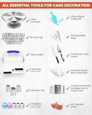 RFAQK 250 PCs Aluminum Cake Decorating Tools Kit with 12" Metal Turntable & Knife set-48 Numbered Icing Tips-3 Russian Piping Nozzles-Straight & Angled Spatula-Cake Leveler& Baking Supplies Tools - Image 3