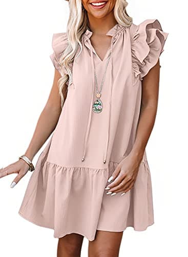 Dokotoo Spring Summer Dresses for Women 2024 Sleeveless V-Neck Ruffle Pockets Lightweight Swing Tunic Dress Solid Easter Mini Ladies Dresses Sun Dresses Pink Small - Image 1