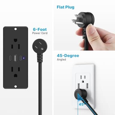 CCCEI Recessed Power Strip with Outlet and USB C Ports, Furniture Flush Mount Power Strip, Small Desk Hidden Outlet for Conference Table, Nightstand, Black, 10FT. - Image 4