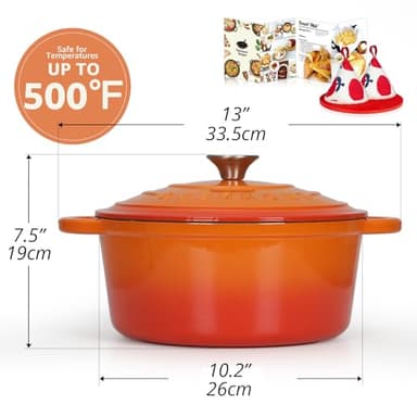 Overmont Enameled Cast Iron Dutch Oven - 5.5QT Pot with Lid Cookbook & Cotton Potholders - Heavy-Duty Cookware for Braising, Stews, Roasting, Bread Baking orange - Image 3