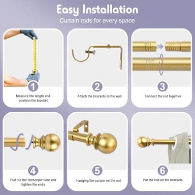 YAJUXIU 1 Inch Gold Curtain Rods for Windows 48 to 86 Inch - Adjustable Drapery Rods with Exquisite Finial for Living Room, Bedroom, Kitchen, Outdoor Patio (Gold,32-86") - Image 4