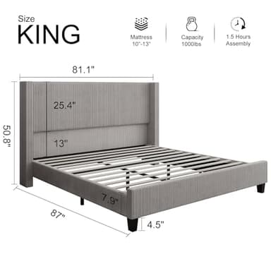 HOWE King Size Upholstered Platform Bed Frame, Wingback Bed with 50.8" Headboard, Corduroy/Solid Wood Leg/No Box Spring Needed/Noise Free/Taupe - Image 2