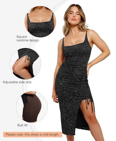 Popilush Sparkly Cocktail Dresses for Women Shapewear Formal Wedding Guest Dress Fall Square Neck Ruched Midi Dress Side Slit Black - Image 4