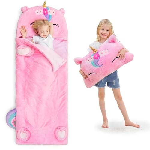 iPlay, iLearn Kids Unicorn Sleeping Bag, Toddler Girl Nap Mat, Plush Animal Slumber Bag 2 In 1 Pink Pillow Daycare Preschool Kindergarten Birthday Gift Travel Sleepover 3 4 5 6 7 8 10 12 Yr Child Teen - Image 1
