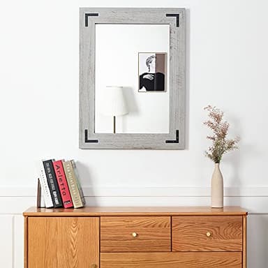 YOSHOOT Rustic Wooden Framed Wall Mirror, Natural Wood Bathroom Vanity Mirror for Farmhouse Decor, Vertical or Horizontal Hanging, 32" x 24",White Grey - Image 4