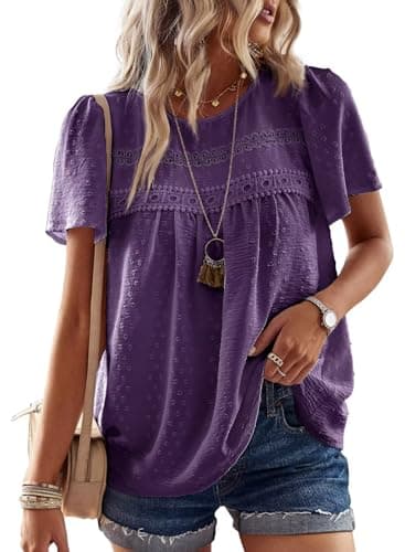 Falechay Boho Tops for Women Round Neck Tunic Tops for Women Loose Fit Dark Purple Shirts Pom Pom Swiss Dot Short Sleeve Summer Blouses Clothes L - Image 1