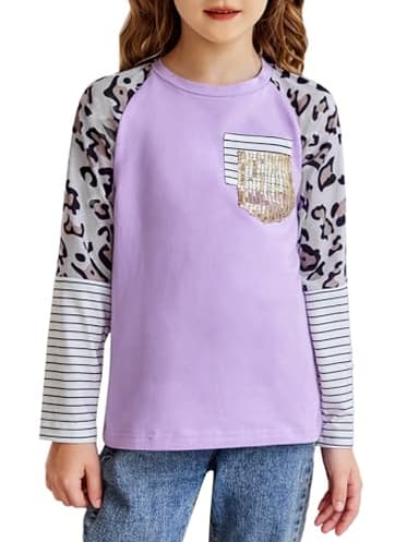 Arshiner Girls t Shirts with Pocket Design Color Block Cute Tops for Girls Purple Purple 10-12 Years - Image 1