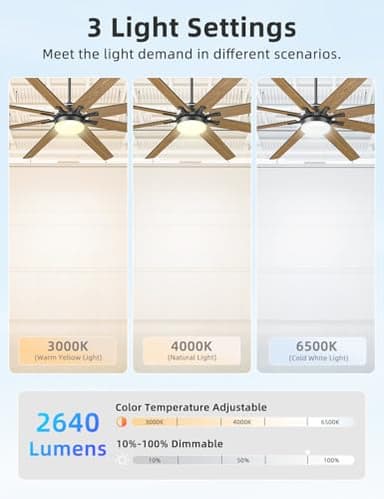 Arecovas 72 Inch Large Ceiling Fans with Lights and Remote, Black Ceiling Fan with Quiet DC Motor, 3CCT Dimmable, 3 Downrods, 8 Dual Finish Blades Industrial Ceiling Fan for Kitchen Living Room Patio - Image 7