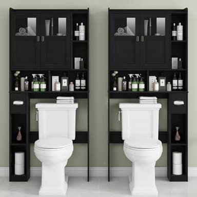 Vabches Over The Toilet Storage Cabinet, Bathroom Shelf Over Toilet with Glass Doors and Adjustable Shelves, Black Freestanding Home Space Save Toilet Rack, for Restroom, Bathroom, Laundry - Image 5