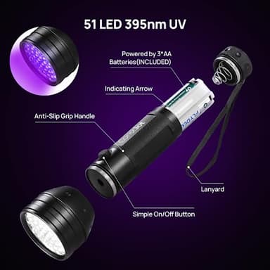 UV Flashlight Black Light, Consciot 51 LED 395nm Ultraviolet Blacklight, Portable Torch Light Pet Urine Detector for Dog/Cat Urine, Dry Stains, Bed Bug, Resin Curing, Matching with Pet Odor Eliminator - Image 2