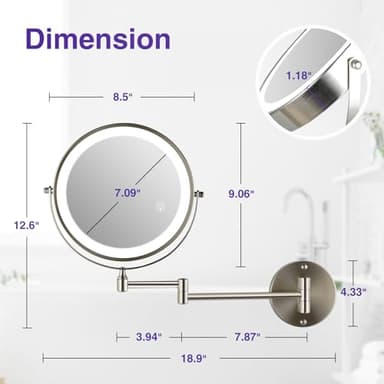 GREENFROM Magnifying Mirror with Lights 1x/15x: 8.5" Double Sided Wall Mounted Lighted Makeup Mirror for Bathroom, Brushed Nickel - Image 7