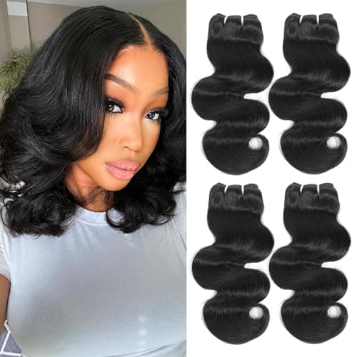 HVN-KVVM Body Wave Bundles Human Hair 12 Inch 12A Human Hair Bundles 100% Unprocessed Brazilian Virgin Hair Quick Weave Deals 4 Bundles Human Hair Natural Black Color (12/12/12/12, 4 Bundles) - Image 1