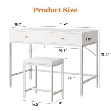 SUPERJARE 35.4" White Desk with 2 Drawers, Modern Makeup Vanity with Padded Stool, Small Computer Desk Home Office Desk for Writing Study Bedroom - Image 3