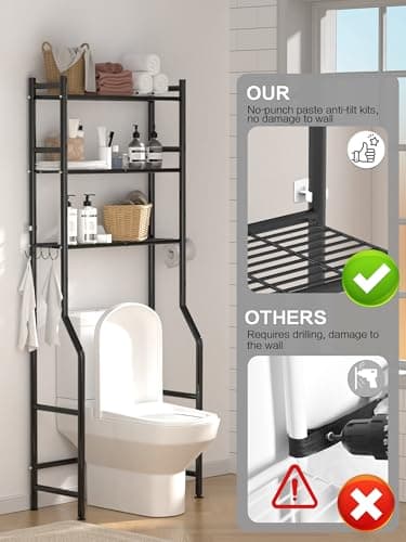 GloTika 3-Tier Over The Toilet Storage, Space Saver Metal Bathroom Shelves, Freestanding Above Over Toilet Storage Shelf with 4 Hooks for Bathroom, Black - Image 5