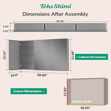 TokeShimi 60 x 32 Farmhouse Medicine Cabinet Recessed or Surface Mount Aluminum, Mirror with Stepless Adjustable Storage, Silver Bathroom Mirror Medicine Cabinet Frameless Metal Modern - Image 2