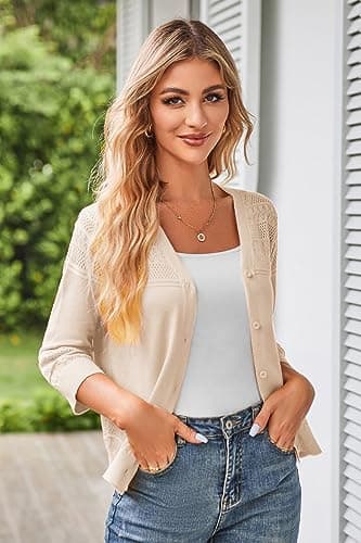 GRACE KARIN Women's Cardigans Open Front Lightweight Cardigans Shrug Button Down Knit Sweater Bolero Jackets Beige XL - Image 4