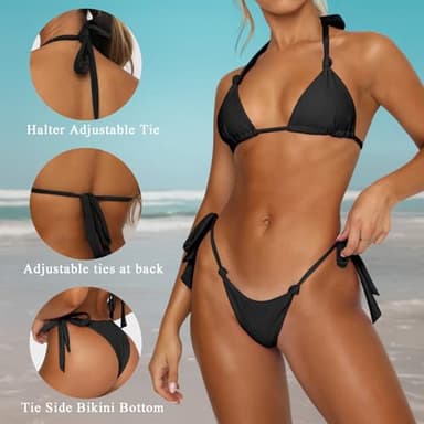 OWICA Bikini Sets for Women Two Piece Swimsuit for Women Tie Knot Adjustable Cute Triangle Bikini Tops Sexy Cheeky Bottom Bathing Suits Swimwear Black - Image 3