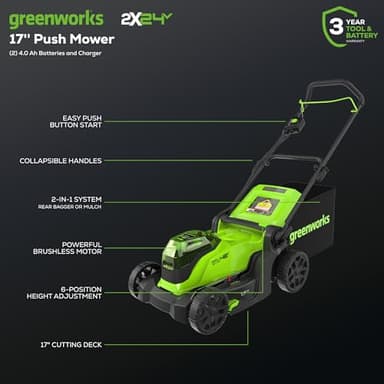 Greenworks 48V (2x24V) 17" Brushless Mower+12" String Trimmer +320CFM Blower,(2) 4.0Ah Batteries and 2A Dual Port Charger - Image 2