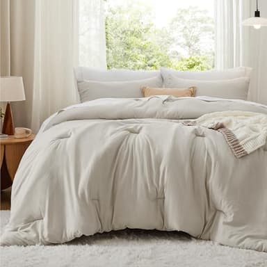 Bedsure King Size Comforter Set, Beige Soft Prewashed Bedding for All Seasons, 3 Pieces GentleSoft™ Warm Down Alternative Bed Set, 1 Lightweight Comforter (104"x90") and 2 Pillowcases (20"x36") - Image 2