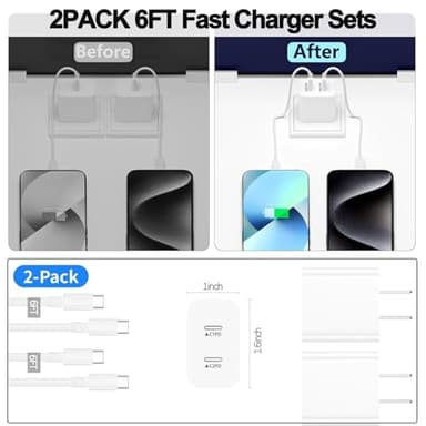 iPhone 17 16 15 Charger,USB C Charger Fast Charging,2Pack Dual Port Fast Wall Chargers Block with 6FT USB C Cable for iPhone 17 Pro Max/17 Pro/17/Air/16 Pro Max/16 Plus/16e/15/iPad Pro/Air/Mini/AirPod - Image 6