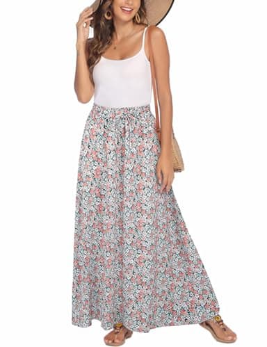 Bluetime Women Flowy Long Skirts Summer Beach Pleated Elastic High Waisted Casual Maxi Skirts (XL, Floral34) - Image 1