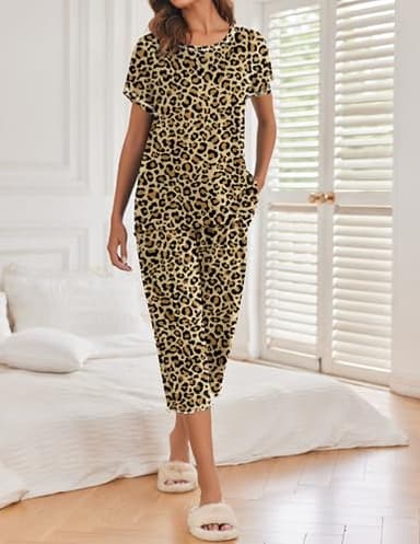 Ekouaer 2 Pack Women's Pajamas Short Sleeve Sleepwear Tops and Capri Pants Pjs Black Stripe，Leopard XL - Image 2