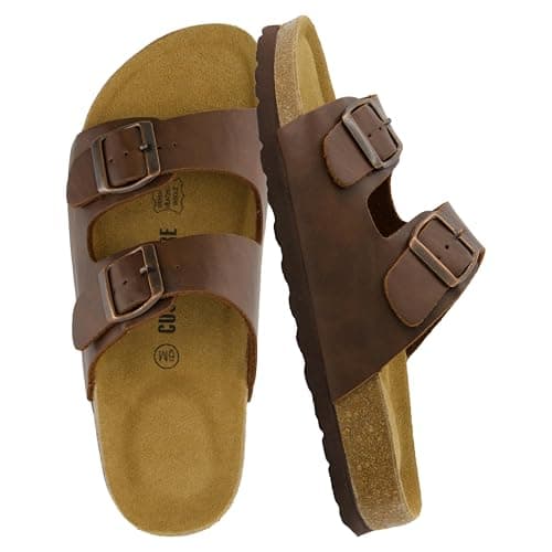CUSHIONAIRE Lane Cork Footbed Sandals for Women – Comfortable Double Buckle Slip-On with Genuine Suede Footbed & Arch Support Slides for Women Footwear, BROWN 10 - Image 1