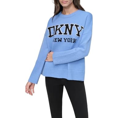 DKNY Women's Logo Longsleeve Warm Comfortable Sweater, Blue Bell/Black - Image 2