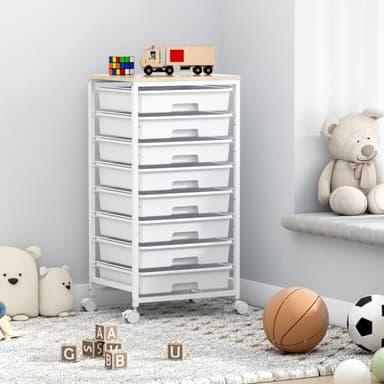 SYKIARIOL Rolling Storage Cart with Drawers,Utility Cart With 8 Drawers and Wooden Tabletop,Rolling Drawer Cart,Storage Drawer Cart for Living Room,Classroom,Bedroom,Bathroom,Dorm,Office,White - Image 9