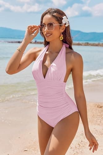 AI'MAGE Women's One Piece Swimsuit Tummy Control Halter Ruched Bathing Suits Pink - Image 3