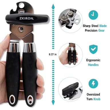ZKIRON Easy Turn Manual Can Opener and Bottle Opener - Heavy Duty Stainless Steel Can Openers for Seniors, Smooth Edge, Ergonomic Handle, Durable Sharp Cutting Wheel (Black) - Image 3