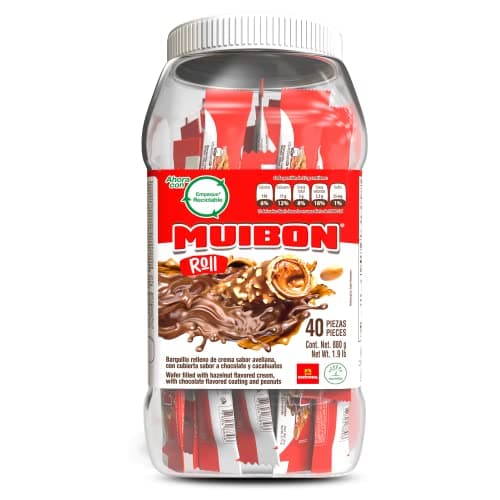 Muibon | Wafer filled with Hazelnut flavored cream with Chocolate flavored coating and Peanuts| 31 Ounce Jar (40 Inner Packs) - Image 1