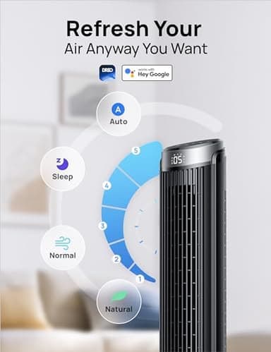 Dreo Smart Tower Fan for Bedroom, 90° Oscillating 40" Standing Fan, 26ft/s High-Speed 5 Speeds 4 Modes, Quiet Room Floor Fans, Touch/Remote/APP & Voice Control, Work with Alexa, 12H Timer, Silver - Image 3
