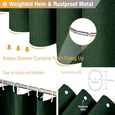 BTTN Long Fabric Shower Curtain, 78 Inch Linen Textured Heavy Duty Polyester Cloth Shower Curtain Set with 12 Plastic Hook, Hotel Luxury Waterproof Shower Curtain for Bathroom - 72x78, Emerald Green - Image 5